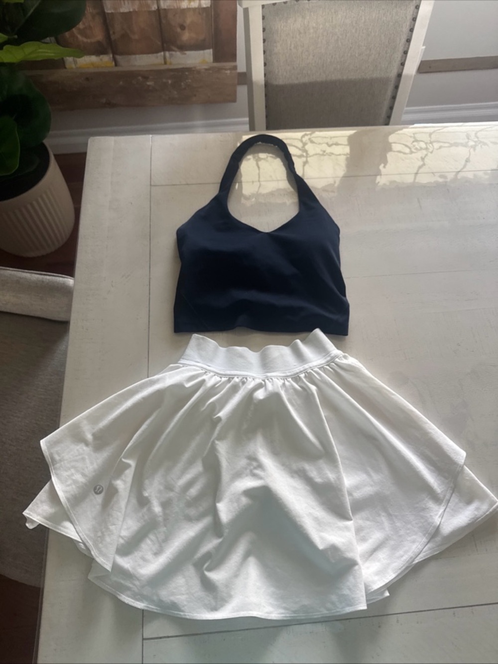 Lululemon white Tennis Time Skirt  size 0 
navy blue sport bra size 2